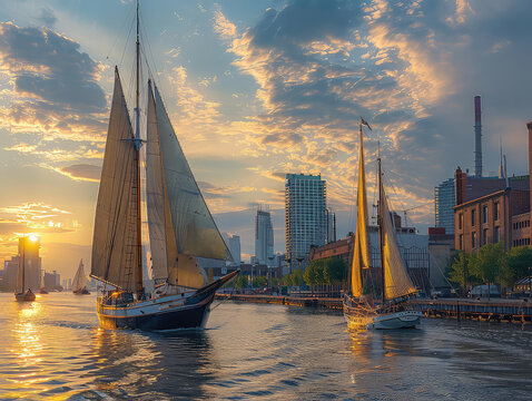 Urban Waterfront Bustle: Busy Ports and Promenades - Sailing Boats Gliding - Cityscape Reflections - Immerse yourself in the vibrant energy of an urban waterfront, with bustling ports