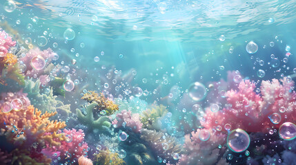 Fototapeta na wymiar Underwater view of coral reef with soap bubbles. 3d rendering