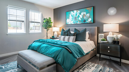Modern bedroom interior in blue and green tones with bedding and pillows