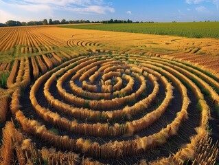 Fototapeta na wymiar Rural Mosaic: Crop Circles and Tractor Trails - Agricultural Patchwork Unfolds - Rustic Charm - Witness the beauty of agricultural patterns with crop circles, tractor trails, and a patchwork of fields