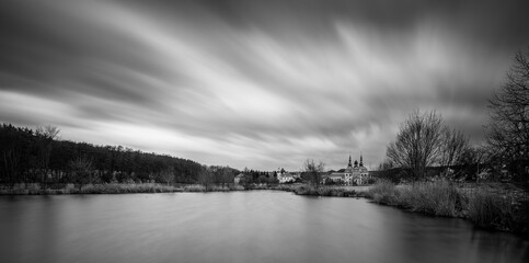 velehrad, cathedral, water, pond, reeds, wind, landscape, clouds, long time, nature