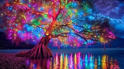 a tree with a rich canopy stands on the shore of the lake and if come at night, as if thousands and thousands of colourful little Christmas lights illuminate it - obrazy, fototapety, plakaty