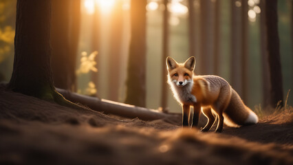 dawn in the forest. Fox in the orange forest
