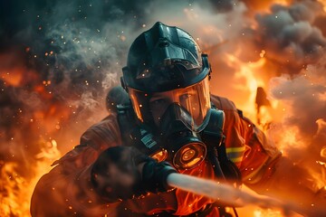 Firefighter in protective gear tackles a dangerous blaze with a water extinguisher in an emergency situation. Concept Emergency Response, Fire Safety, Firefighter Training, Hazardous Situations - obrazy, fototapety, plakaty