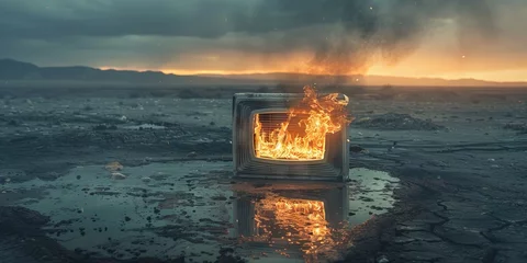 Fotobehang Isolated air conditioner ablaze in a desolate landscape, reflecting environmental decay © Kornkanok