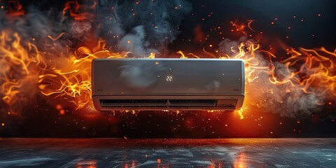 An air conditioner bursts into flames in an empty space, a 3D rendered concept of danger and destruction