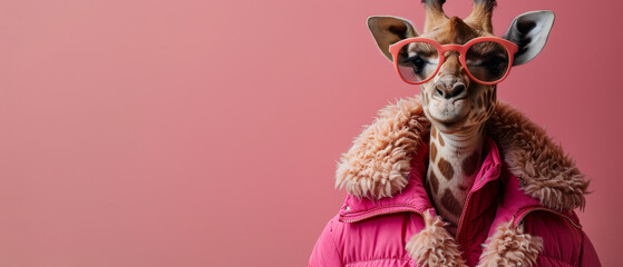 Stylish giraffe portrait featuring pink jacket and cool shades, against a vibrant red backdrop, exuding a hip vibe - obrazy, fototapety, plakaty
