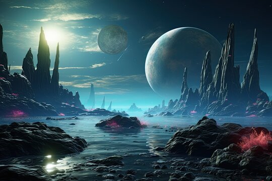 Alien planet, neon space background with dark glowing starry sky. Fantasy extraterrestrial landscape. Ai generative
