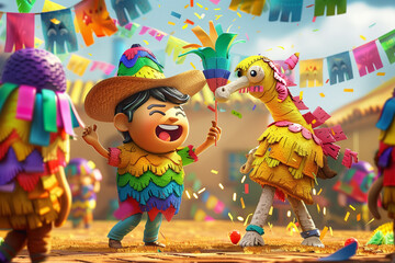 Boy and yellow pinata dancing at Cinco de Mayo celebration party. Banner 3:2