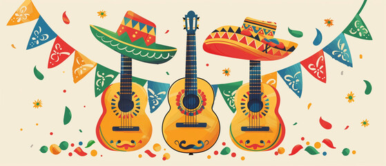 Cinco de mayo celebration banner. Three guitars in sombrero hats. Horizontal flat illustration 7:3