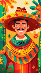 Cinco de mayo celebration. Happy mexican man in the hat. 9:16
