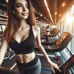 Fototapeta premium Close-up of a beautiful woman jogging in a gym