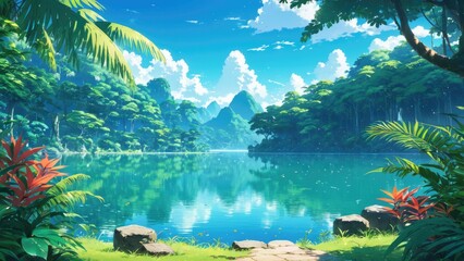 illustration of a tropical forest with a beautiful lake. landscape of tranquility. anime art style