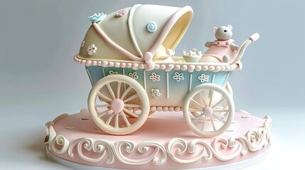 a 3d retro stroller cake, created with delicate pastel colours