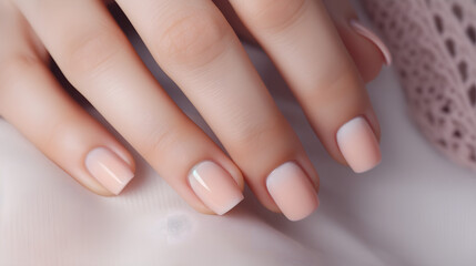 Close-up of a woman's hand with a beautiful, delicate manicure in the trendy color of 2024 - peach...