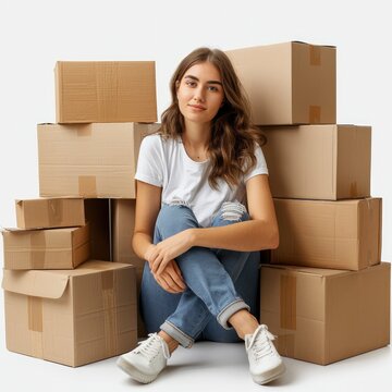 Woman Taking Break Packing Boxes On White Background, Illustrations Images