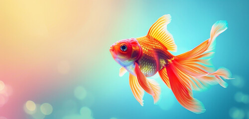 Fototapeta premium A colourful goldfish swimming in a gradient light with ethereal finesse.