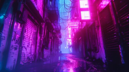 neon-lit alleyway in a cyberpunk city, where flickering holograms and digital graffiti adorn the...