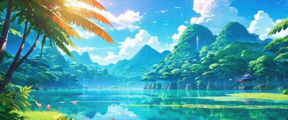 Fototapeta na wymiar illustration of a tropical forest with a beautiful lake. landscape of tranquility. anime art style