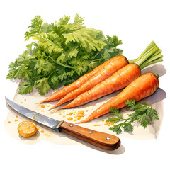 Carrots, put in a Summer-themed Serving Board, vegetable, full body, watercolor illustration, single object, isolate on white background for removing background.