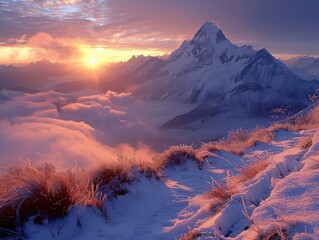 Mountain Tranquility: Golden Light and Snow-Capped Peaks in Sunrise Scenes - Tranquil Dawn in Mountain Sunrise Scenes - Welcome the day with the tranquil beauty of mountain sunrise scenes