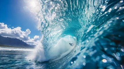CLOSE UP Crystal clear water splashes over surfer riding an epic barrel wave in spectacular Tahiti. Extreme pro sportsman surfing a breathtaking emerald wave on a perfect sunny day in French Polynesia - obrazy, fototapety, plakaty