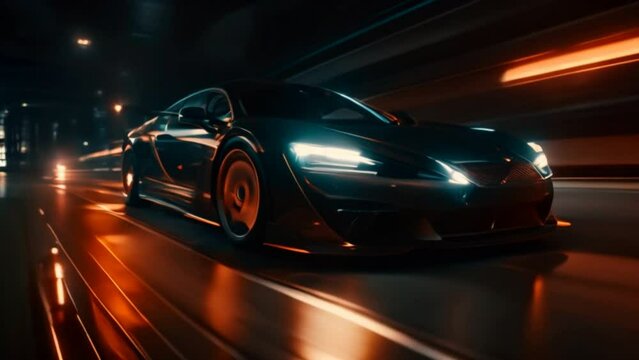 sports car accelerating on a neon highway. Powerful acceleration of a supercar on a night track with lights and tracks. Car lights at night, long exposure