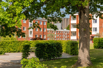 Fototapeta na wymiar Typical low-rise residential buildings in Sweden. Comfortable recreational area during a hot summer day. 