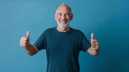 älterer Mann zeigt Daumen hoch – Zustimmung, Aufbruch, Optimismus. Er trägt ein dunkelblaues T-Shirt vor einer hellblauen Wand - obrazy, fototapety, plakaty
