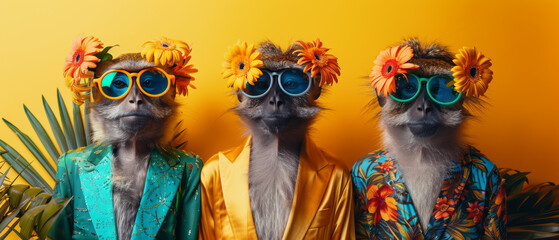 A trio of individuals wearing colorful Hawaiian shirts create a lively, tropical atmosphere - obrazy, fototapety, plakaty