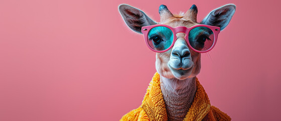 A llama peeks curiously at the camera, donning a yellow scarf against a pink background - obrazy, fototapety, plakaty