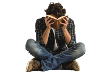 A depressed young man covers his face with a book isolated on a transparency background