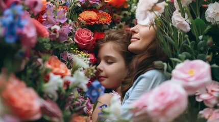 Mom and daughter hugging surrounded by fresh flowers. Bouquet of flowers as a gift for Mother's Day, motherhood and childhood, happiness to be a family.  - obrazy, fototapety, plakaty