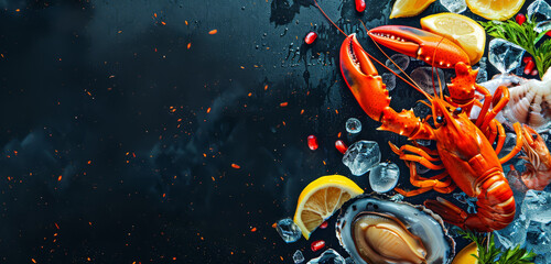 Lobster and mussels arranged artistically on a black slate with herbs and spices. - obrazy, fototapety, plakaty