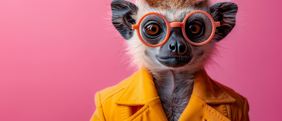 A captivating image of a lemur wearing bright orange sunglasses presented on a pink backdrop among balloons - obrazy, fototapety, plakaty