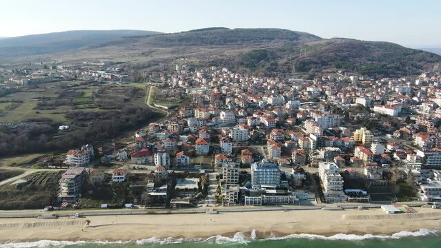 Amazing Aerial view of Black Sea coast near town of Obzor, Burgas Region, Bulgaria 