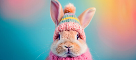 A rabbit wearing a pink hat and a pink sweater. The rabbit is looking at the camera. a playful and cute mood. portrait of a pink easter bunny wearing a funny hat in studio, colorful background