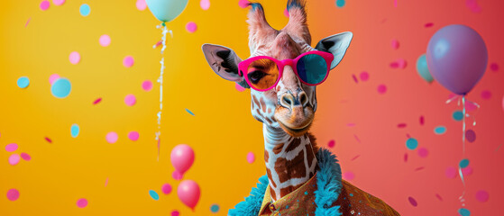 A giraffe in the spotlight with funky shades surrounded by a shower of confetti and balloons on an...