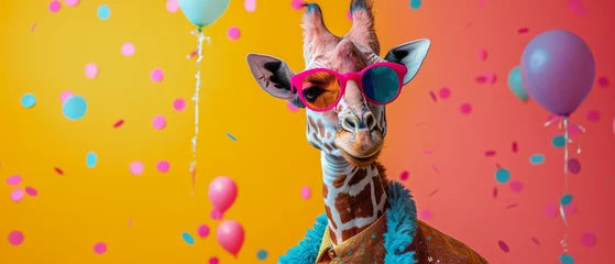 Foto op Canvas A giraffe in the spotlight with funky shades surrounded by a shower of confetti and balloons on an orange background © Daniel