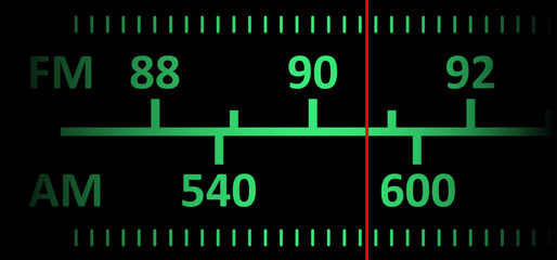 Radio tuner frequency tuning. Analoog dashboard inscription, control panel. Radio receiver tuner dial scale. Old hi-fi Stereo or mono tuner FM AM band. Radio frequency scales. Radio station signal.