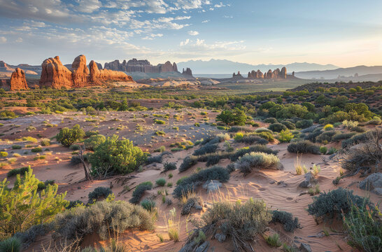 Photo of a Desert landscape with iconic rock formations in the distance in the Arizona desert, with the sun rising behind Monument Valley, Utah