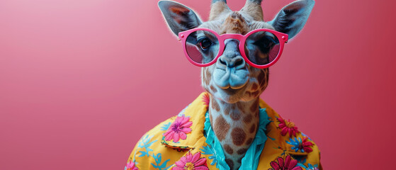 A playful and vibrant portrait of a giraffe donning pink sunglasses and a flower shirt against a...
