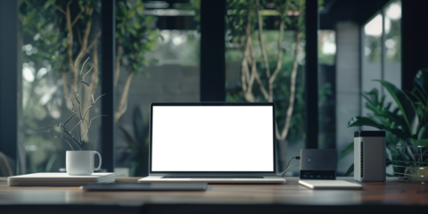 Laptop and Wi-Fi box on table on black background