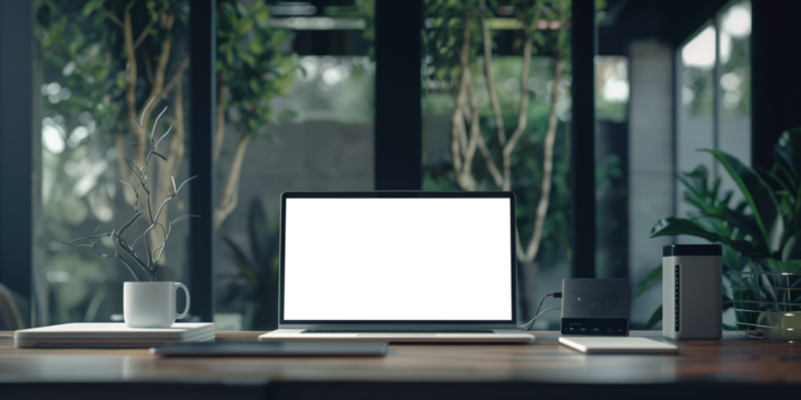 Laptop and Wi-Fi box on table on black background
