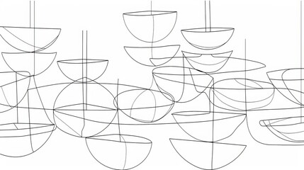 A collection of scales demonstrating the principle of balance, with bowls in both equilibrium and disequilibrium, rendered in a simple line design - obrazy, fototapety, plakaty