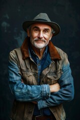 Obraz premium Elderly man smiling at camera. A close-up portrait of an elderly, man with a warm smile, wearing fashionable clothes.