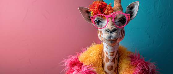 Despite the obscured face, a giraffe adorned with a colorful boa strikes a pose against dual-hued backdrop - obrazy, fototapety, plakaty