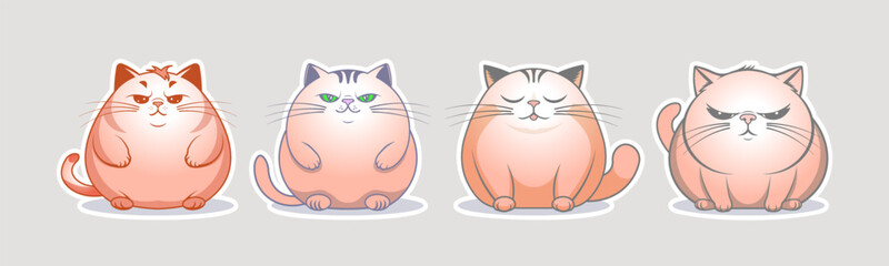 Vector set of funny cartoon cute chubby serious sitting kittens. Collection of stickers or icons. Adorable pets. Fat arrogant and beautiful cats.