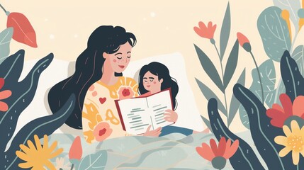 illustration with a mother reading storybook in the bed, telling a story to the little girl in her arms, warm colors, bright flowers background. Ai generated