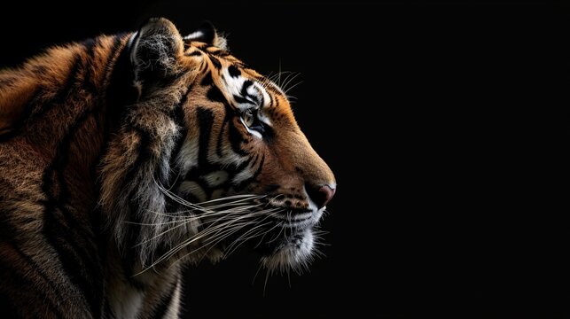 Close up side view of tiger against a black background